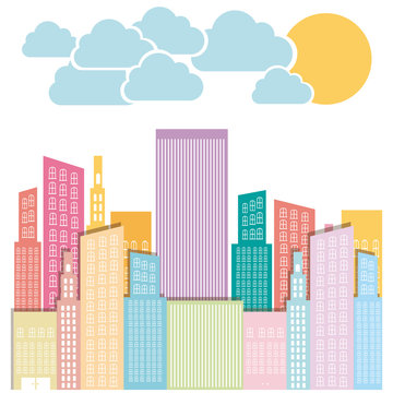 color city builds with clouds and sun, vector illustraction design