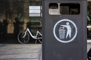 City Urban Trash Bin Symbol White Grey Crowded Environment Full Outside Closeup Side