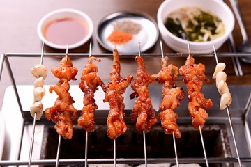  Spicy chicken satay on grill
