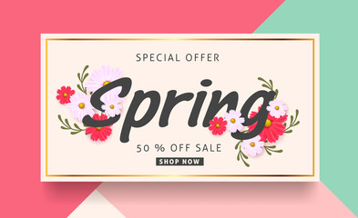 Spring sale background banner with beautiful colorful flower. Vector illustration.