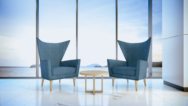 Double armchairs in living seaview , 3d rendering