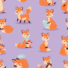 Fox cute adorable character doing different activities funny happy nature red tail and wildlife orange forest animal seamless pattern vector illustration.