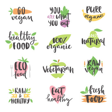Hand drawn style set of bio organic eco healthy food labels logo templates and vintage vegan elements in green color badge vector illustration.