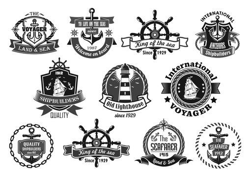 Sea emblem set with anchor, helm, sailing ship