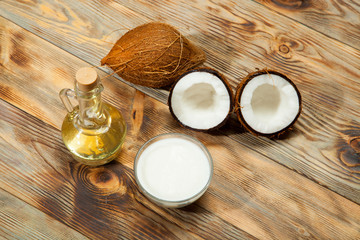 Coconut oil,  on a wooden background