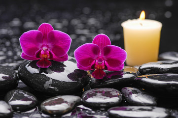 Fototapeta na wymiar Still life with red orchid ,candle with therapy stones 