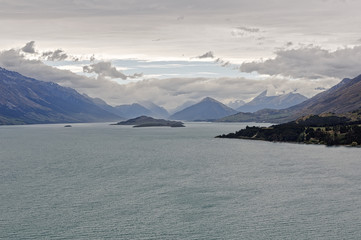 Heavy clouds above Lake Wakatipu near Queenstown on the South Island of New Zealand