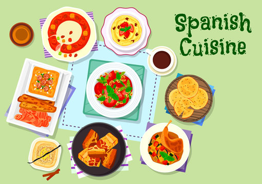 Spanish cuisine dinner menu with dessert icon