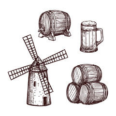 Beer barrel, glass and windmill sketch set