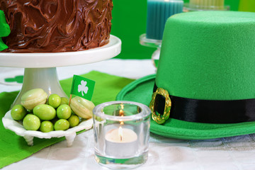 St Patricks Day Party Table with Chocolate Cake