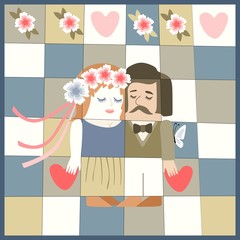 Wedding invitation with cute cartoon ukrainian man and woman. Unique patchwork pattern.