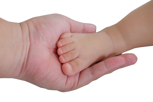 concept of love and family. hands of father and baby closeup.Baby foot in hands isolated on white.