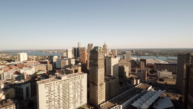 Aerial View of Detroit skyline during sunset 