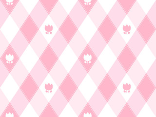 チューリップと斜めギンガムチェック風柄のかわいいシームレスパターン　ピンク系　ベクター