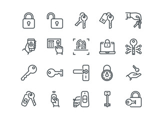 Keys and Locks. Set of outline vector icons. Includes such as Car Keys, Fingerprint and other. Editable Stroke. 48x48 Pixel Perfect.