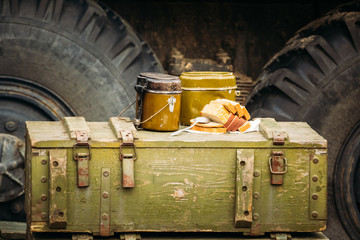 Military food pots on boxes