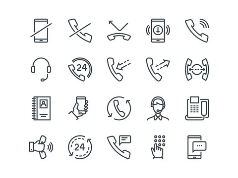 Phone. Set of outline vector icons. Includes such as Calls, Online Support, Mobile Phone and other. Editable Stroke. 48x48 Pixel