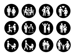 Family vector icons set in black and white