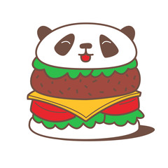 Funny kawaii burger with panda head instead of buns. Vector illustration.