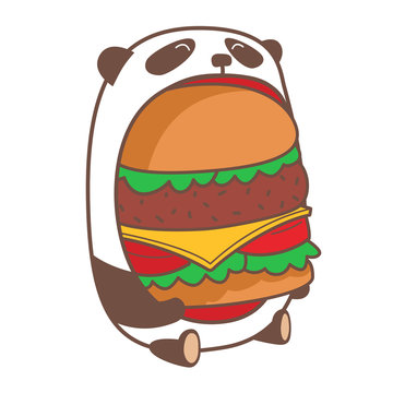 Hungry Kawaii Panda Eating Huge Burger. Vector Illustration.