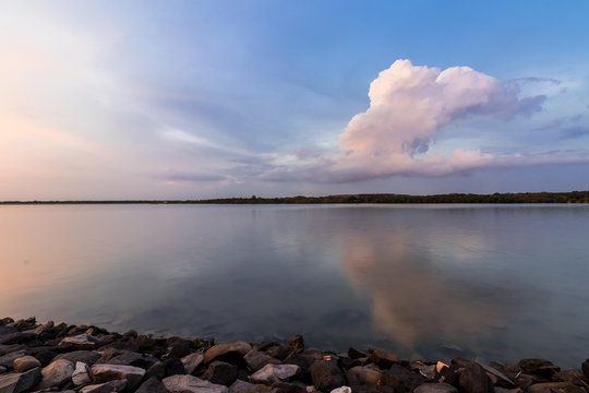 Panorama view with colourful sunset and twilight sky,, tropical island Bali, Indonesia.