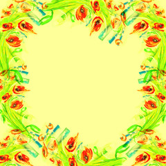 Fototapeta na wymiar Watercolor frame of a floral, floral pattern, drawn in hand-made graphics. Card, greeting card. Red and green color