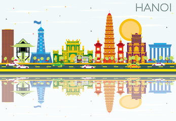 Hanoi Skyline with Color Buildings, Blue Sky and Reflections.