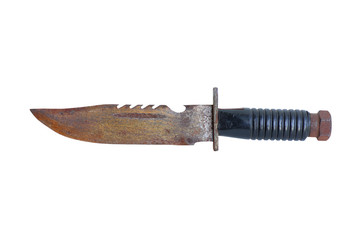 Old knife with black rubber handle isolated on a white background