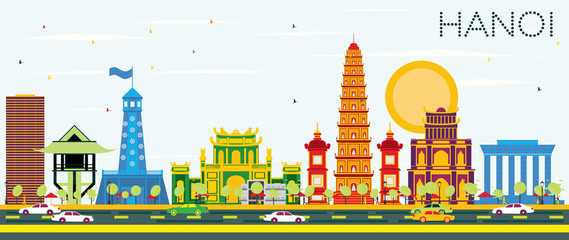 Obraz premium Hanoi Skyline with Color Buildings and Blue Sky.