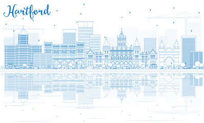 Outline Hartford Skyline with Blue Buildings and Reflections.