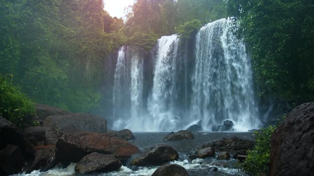 Water Flows over Natural Waterfall in Cambodia with Sound