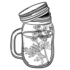Print with a beautiful jar and a branch with flowers. vector illustration. a cocktail at the bar.