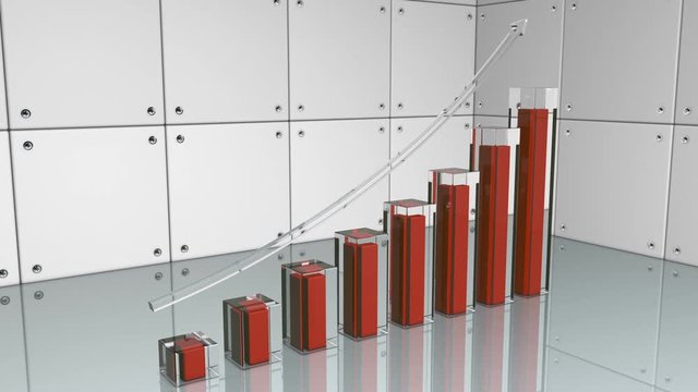 Growing glass bars charts and 3D arrow animation.Business growing bar graphs.Good for infographic projects and intro.Red and white colors.Bright colors.