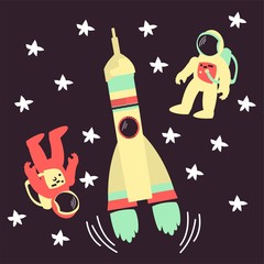 Vector illustration. Rockets and astronauts. Cartoon-style.