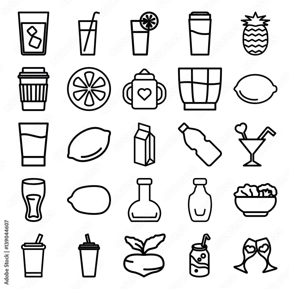 Sticker set of 25 juice outline icons