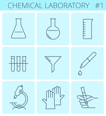 Chemical laboratory equipment outline icons: glass test tube, lab beaker, flask, rubber medical gloves. Vector thin line science symbol set. Isolated infographic elements for web, social network.