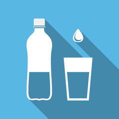 Plastic bottle and glass of water. Water drop sign. Vector illustration