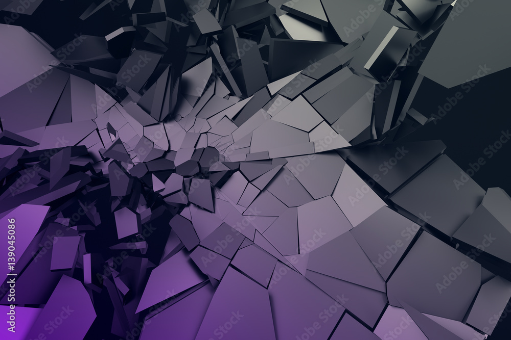 Poster abstract 3d rendering of cracked surface. background with broken shape. wall destruction. bursting w