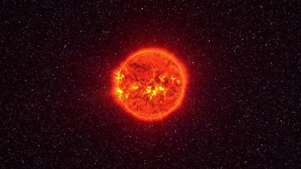 Loopable: Sun surface with solar flares. The Sun spinning in space against 3D star background. Elements of this clip furnished by NASA. - Powered by Adobe