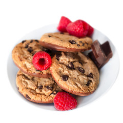 Chocolate chip cookies macro  isolated on white background. Closeup of a group of assorted cookies with chocolate chunks..