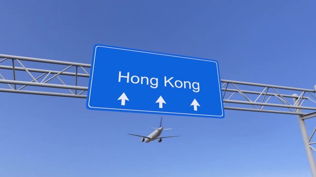 Commercial airplane arriving to Hong Kong airport. Travelling to China conceptual 4K animation