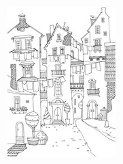 Hand drawn houses with windows, laundry, street