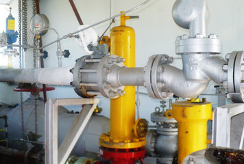 Gas regulation system shut-off valve for gas, regulator and pressure gauge for measuring pressure. Industry concept.