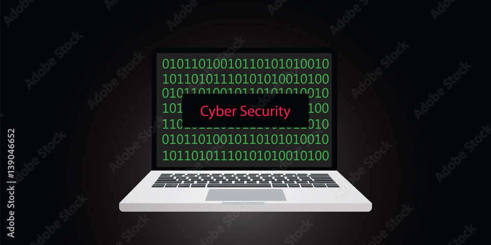 Poster cyber security illustration with laptop and binary code on screen and cybersecurity text on top of t