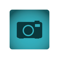blue square frame with silhouette tech digital camera with flash vector illustration