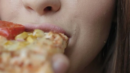 Closeup Macro Girl Bites Off Italian Pizza Slice Chews