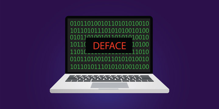 deface website hacking concept illustration with laptop or notebook and programming code with binary sign 0 and 1
