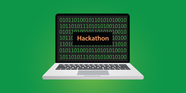 hackathon concept illustration with laptop and text on screen with binary code 0 and 1 programming
