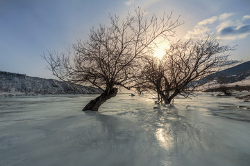 Buguldeika River at the confluence of Lake Baikal in winter