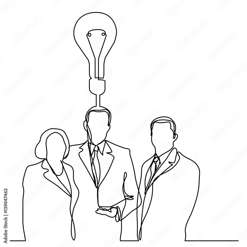 Poster continuous line drawing of business executives with idea